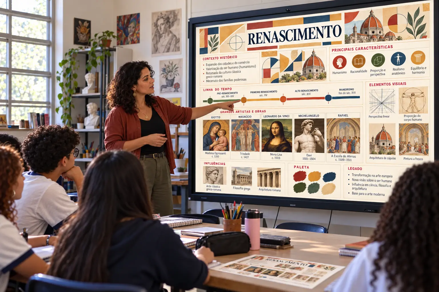 Professora de Arte utilizando um mapa visual premium sobre Renascimento em uma sala de aula brasileira